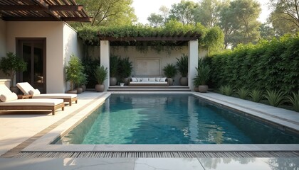 Swimming pool in backyard with lounge chairs near pergola. Water reflects sunlight. Plants adds nature touch. Modern patio design enhances home appeal. Landscaping creates private relaxation space at