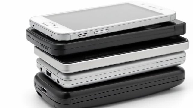 A stack of various cellular devices, showcasing a mix of black and silver colors, angled against a white backdrop