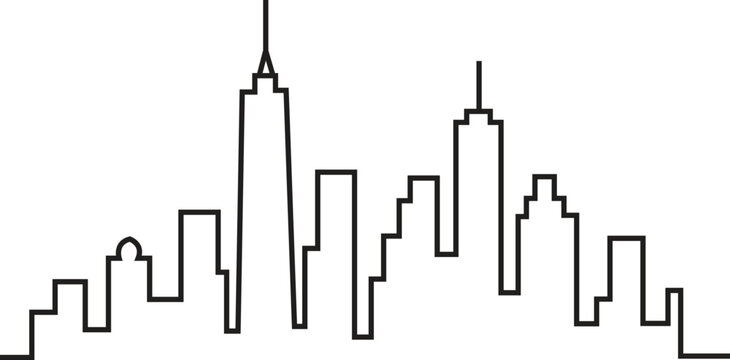 Single line cityscape outline, continuous line drawing of urban skyline, modern architecture vector, minimalist city horizon, buildings and towers, linear city illustration
