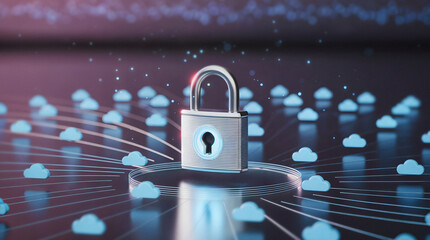 Secure your cloud data with a modern padlock surrounded by connected cloud icons for cybersecurity concepts