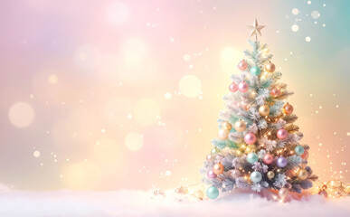 Obraz premium パステルカラーの可愛らしいクリスマスツリーと光の背景