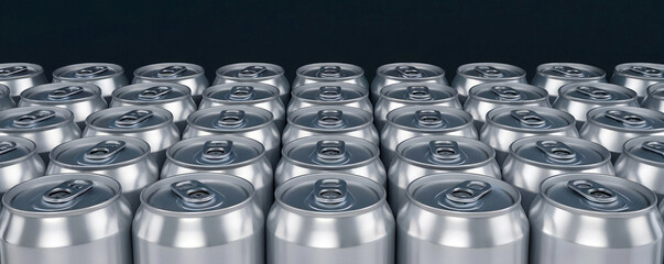 Refreshing beverage concept featuring a group of sleek aluminum cans on a modern dark backdrop for dynamic brand promotion