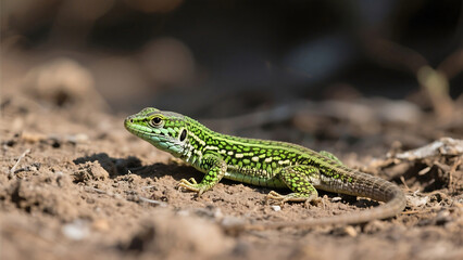 Naklejka premium A bright green lizard with black spots sitting on brown dirt in the sun looking alert and watchful