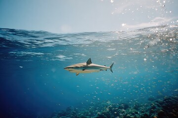 Graceful shark glides through crystal-clear water, showcasing vibrant marine life below