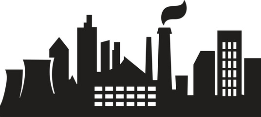 Industrial area silhouette, factory and manufacturing vector, plant and warehouse illustration, isolated black shape, industrial buildings, machinery, production site icon