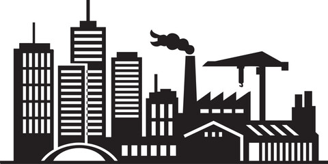 Obraz premium Industrial area silhouette, factory and manufacturing vector, plant and warehouse illustration, isolated black shape, industrial buildings, machinery, production site icon