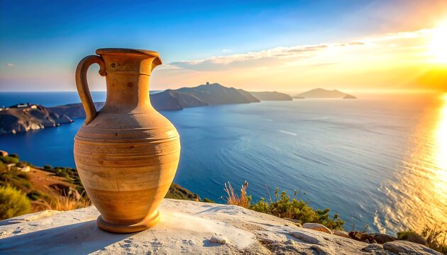 A terracotta jug sits overlooking a vast blue sea. The sun sets over distant islands, creating a golden glow