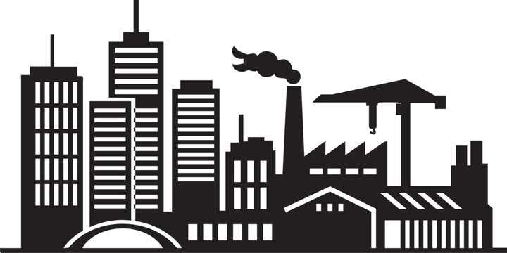 Industrial area silhouette, factory and manufacturing vector, plant and warehouse illustration, isolated black shape, industrial buildings, machinery, production site icon