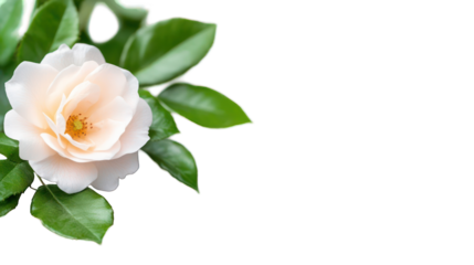 Light pink rose blossom with green leaves on transparent background