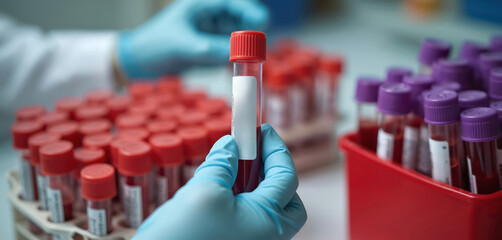 Scientist examines blood sample in laboratory setting. Red tube contains patients fluid. Analysis of biological material supports medical diagnosis for respiratory conditions. Precise examination