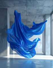 Dramatic shot of a flowing blue fabric suspended in a modern interior