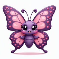 Cute purple butterfly illustration with pink hearts. Charming cartoon design features whimsical insect surrounded by small hearts. Delightful graphic suitable for children materials Valentines Day