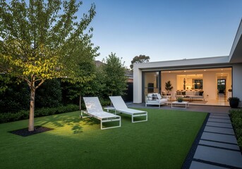 Relaxing evening in a contemporary backyard featuring pristine lawn, sleek lounge chairs, and a bright, inviting home with large windows and open spaces.