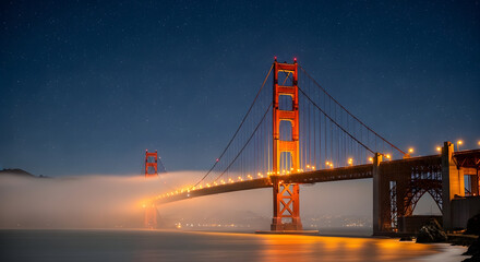 Iconic golden gate bridge at twilight illuminated with warm lights reflecting on calm water