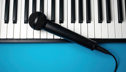 Black mic lies on piano keyboard against bright blue backdrop. Musical instrument studio equipment for recording vocals. Concert event performance, music lesson online karaoke. Flatlay, copy space