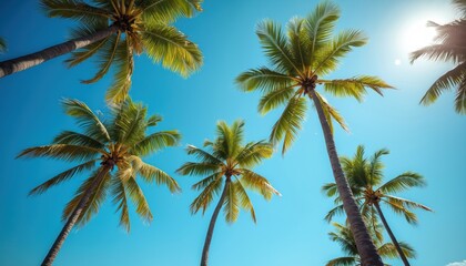 Vibrant palm trees rise against a brilliant blue sky. Sunlight filters through the foliage creating a tropical atmosphere. This image represents relaxation, escape and idyllic island life.