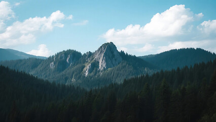 A scenic view of a rocky mountain peak surrounded by lush green forests under a partly cloudy sky