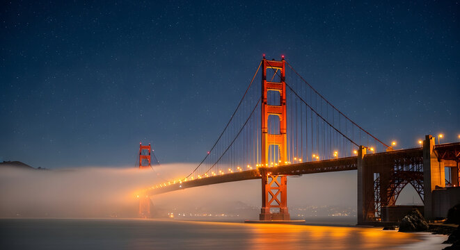Iconic golden gate bridge at twilight illuminated with warm lights reflecting on calm water