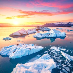 Glacial lagoon at sunrise with icebergs and colorful sky