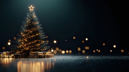Glowing Christmas tree with warm lights and wrapped presents on dark glittery surface against blurred bokeh background creates magical holiday atmosphere.