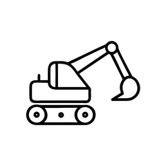 Excavator with long arm and bucket in simple line art style  