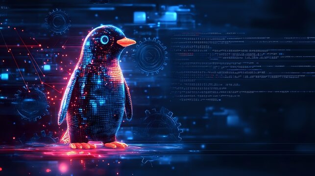 Digital penguin silhouette with glowing particles and code elements on dark background, neon blue and red lights create futuristic cybersecurity concept.
