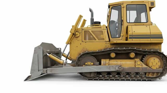 A heavy-duty, yellow earthmover with a large front blade sits at an angle against a white background. It has treads, a cab, and various mechanical parts