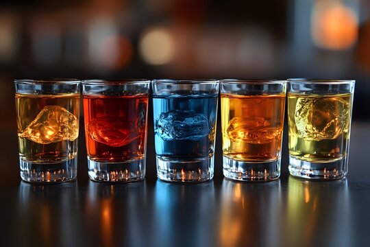 Colorful shot glasses filled with vibrant liquors lined up on dark reflective bar counter, creating dramatic lighting effects and bokeh background for beverage photography.