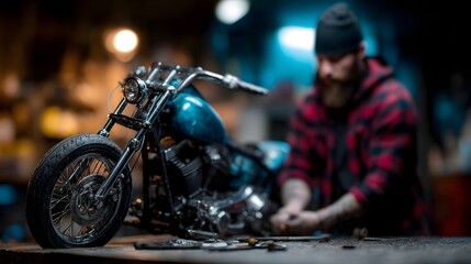 A skilled mechanic with a beard meticulously works on a custom blue motorcycle in a dimly lit garage workshop