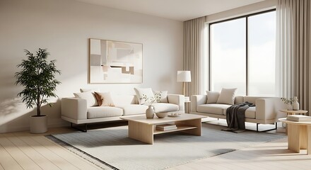 Fototapeta premium Modern Living Room Interior - Neutral Tones, Natural Light, Minimalist Design, Cozy Ambiance.