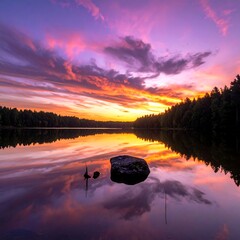 Dramatic sunset over a lake with reflective water and a rocky outcrop