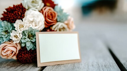 Obraz premium Beautiful floral arrangement with a blank card placed on wooden surface