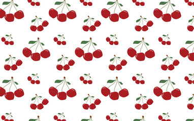 Seamless Pattern with Red Cherries and Green Leaves