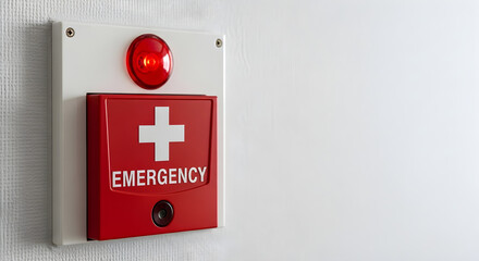 Red emergency box mounted on a white wall with a lit indicator light and a visible cross symbol