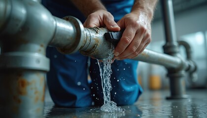 Professional plumber at work. Man fixes damaged pipe with water leak. Male worker in uniform repairs a plumbing system. Maintenance concept building service.