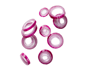 falling sliced red onion rings isolated on a white background, top view. a simple, flat illustration with bright colors, capturing the essence of minimalism and clean lines. the composition is well-ba