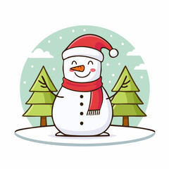 doodle icon vector Happy snowman in a scarf and red Santa hat standing and waving against a winter Christmas landscape.