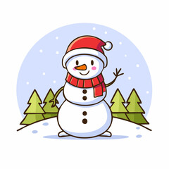 doodle icon vector Happy snowman in a scarf and red Santa hat standing and waving against a winter Christmas landscape.