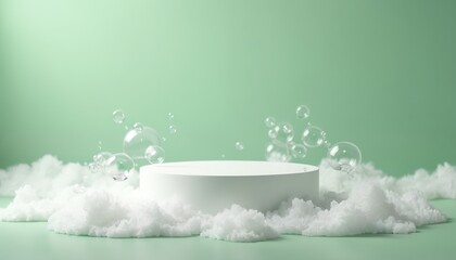 A minimalist studio photo features white podium with floating bubbles and soft clouds against a pastel green backdrop. The clean design creates a dreamy aesthetic for product presentation.