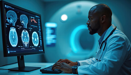 African American doctor reviews patient brain scans on computer in modern hospital setting. Inputs complex medical data, analyzing diagnostic images for personalized health care. MRI scanner visible,