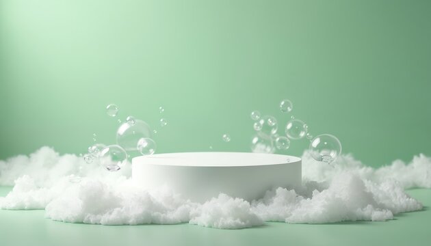 A minimalist studio photo features white podium with floating bubbles and soft clouds against a pastel green backdrop. The clean design creates a dreamy aesthetic for product presentation.