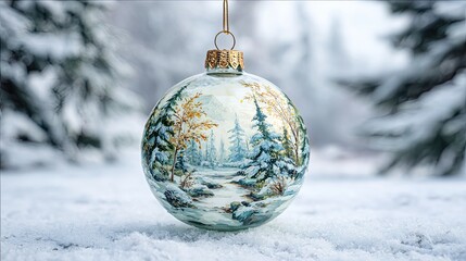 Beautiful Christmas ornament ball with hand painted winter landscape in snow with frosted trees and soft light