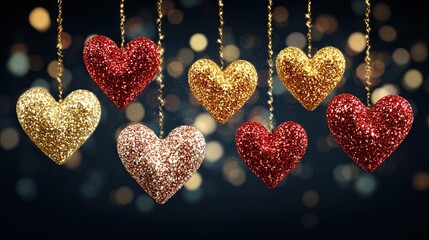 Golden and red glitter hearts hanging on strings with glowing bokeh lights creating festive romantic mood