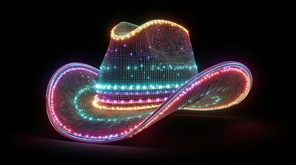 Futuristic cowboy hat made of glowing neon lights and digital wireframe design on black background