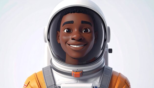 A cartoon depiction of a smiling young black astronaut in a spacesuit against a plain white background - Powered by Adobe