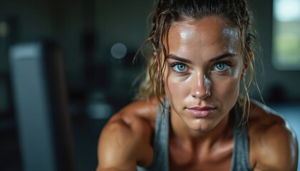 Sweaty young woman looks at camera in gym. Wet hair, striking blue eyes. Fitness model shows strong body, dedication to workout. Face shines from great effort. Photo truly captures focus, resolve for