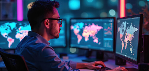 Man works on multiple computer monitors in dark tech office. Screens display global maps with colorful data visualizations, charts, graphs. Analyzes geographic info, big data, performing advanced