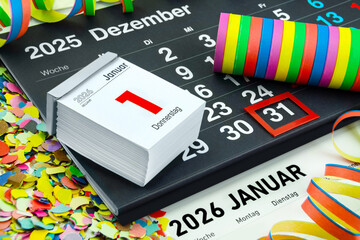 Deutscher Kalender Silvester 31. Dezember 2025 und 1. Januar 2026 mit Dekoration