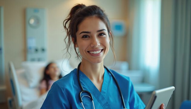 Nurse holds tablet near girl in hospital bed. Doctor smiles, holding digital pad, wearing stethoscope. Healthcare pro provides medical service to patient. Young medic consults child, uses technology.