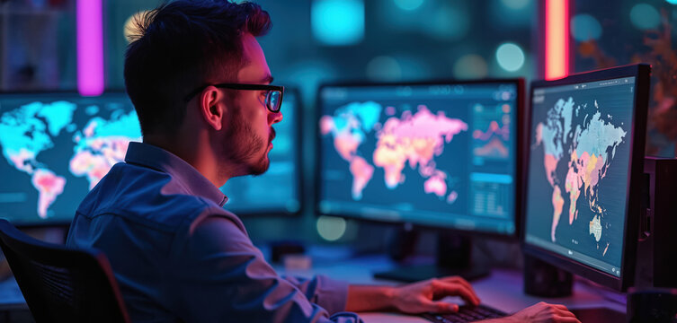 Man works on multiple computer monitors in dark tech office. Screens display global maps with colorful data visualizations, charts, graphs. Analyzes geographic info, big data, performing advanced